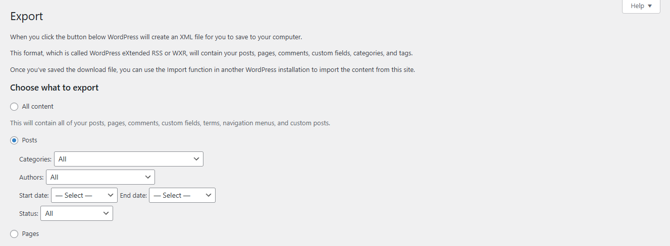 an image of the native export tool in wordpress that shows some minor filters before you export you xml file (csv vs xml)